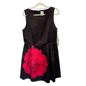 CECE Cynthia Steffe Fit N Flare Dress Sz 14 Black Satin Red Rosette 73669020 New
